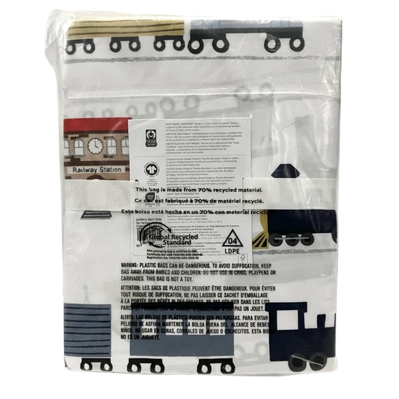Pottery Barn Kids Train Railroad Full Sheet Set Organic Cotton 4 Piece Boys NIP - Picture 4 of 4